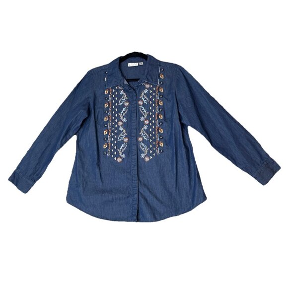 Joan Rivers Medium Blue Denim Embroidered Button Top Floral Boho Cottage Fairy - Picture 1 of 8